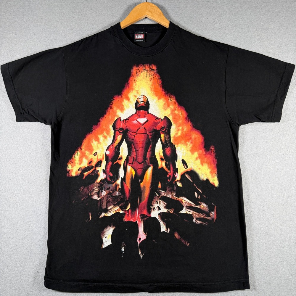 Vintage Marvel Iron‎ Man Graphic T-Shirt Mens Black Mad Engine Flame Print Large